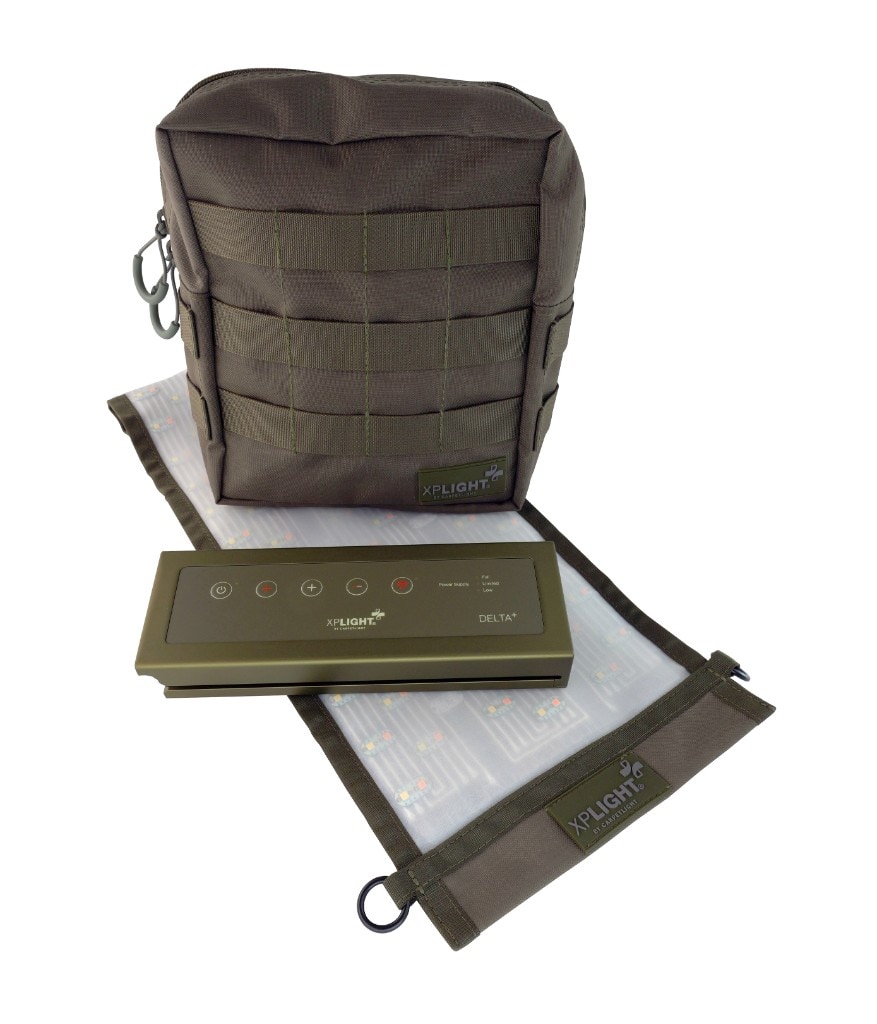 XP DELTA⁺ LED mat, control unit, and tactical pouch on a white background