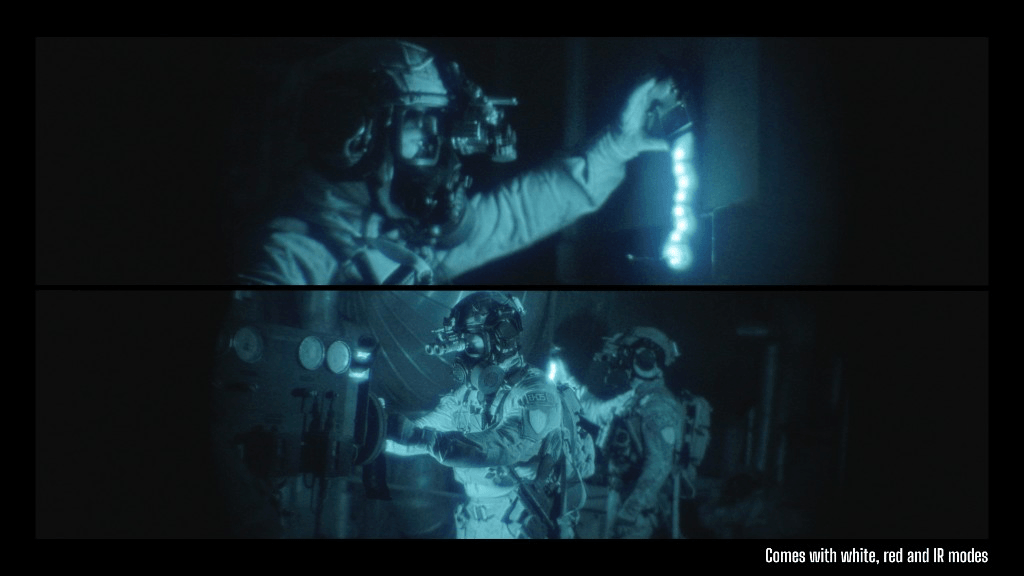 Tactical operators with night-vision gear using a flexible XP ALPHA chest-mounted LED strip to illuminate a panel; composite scene with white, red and IR capability for low-light operations