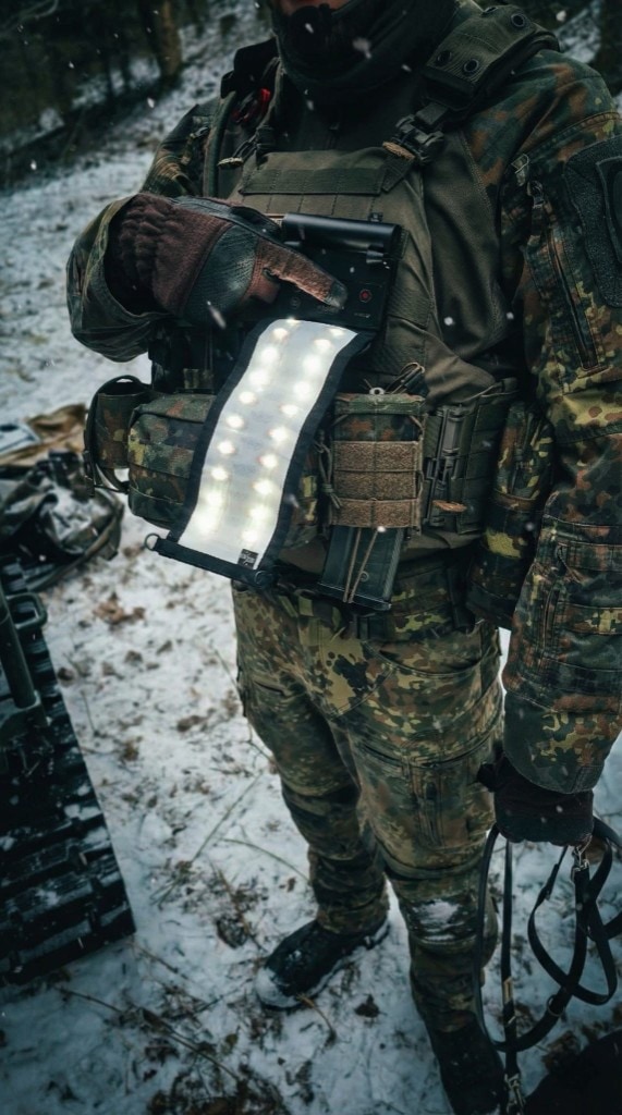 Operator in Flecktarn and olive plate carrier in a snowy forest; chest-mounted XP ALPHA 2⁺ flexible panel lit cool white, gloved hand on control unit, tracked vehicle tread and falling snow in frame