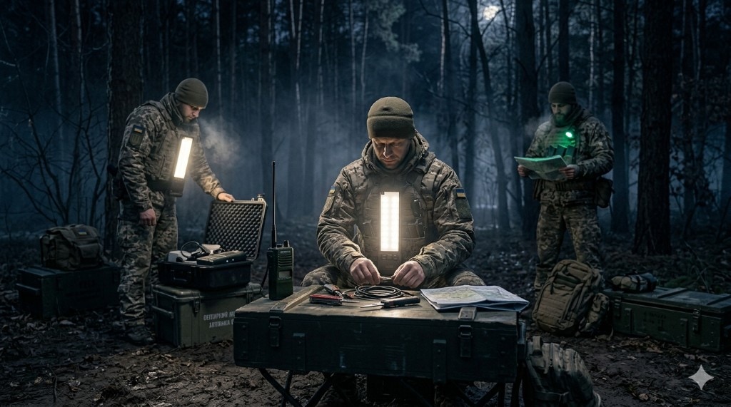 Three soldiers in a misty forest at night at a field desk and open equipment cases; chest-mounted XP ALPHA LED panels illuminate maps, radios, and gear