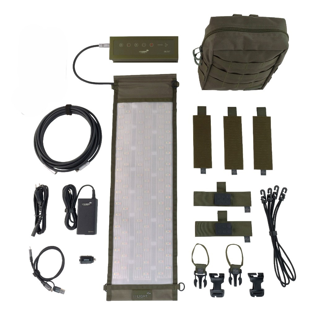 XP DELTA⁺ kit on white (without battery): flexible olive LED panel with DELTA control head, MOLLE pouch, AC brick and cables, USB, 12V adapter, Velcro straps, magnetic pads, buckles and bungee hooks