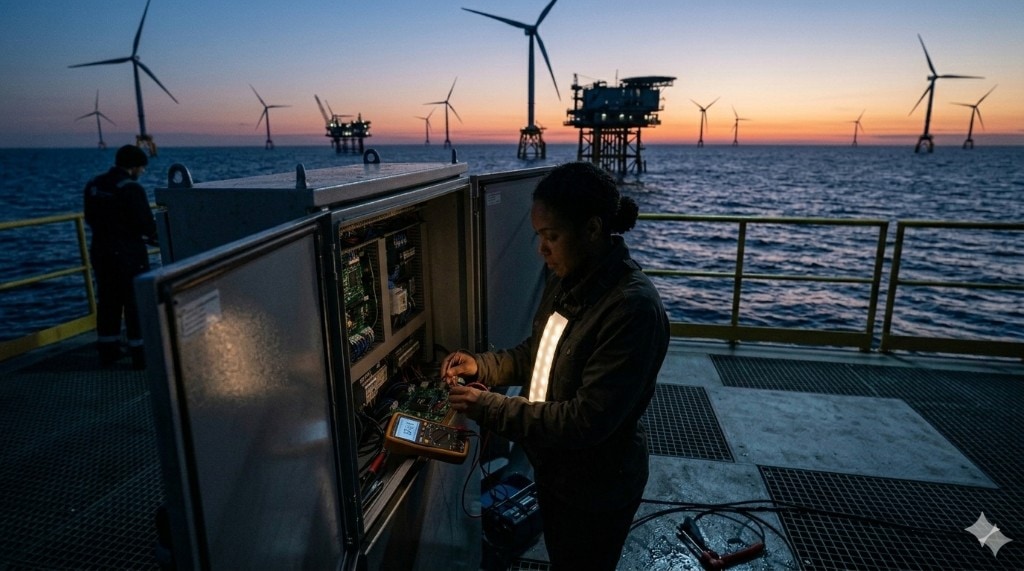 Technician with chest-mounted XP FIREFLY LED testing an electrical cabinet with a multimeter at dusk on an offshore platform; wind turbines and rigs on the horizon