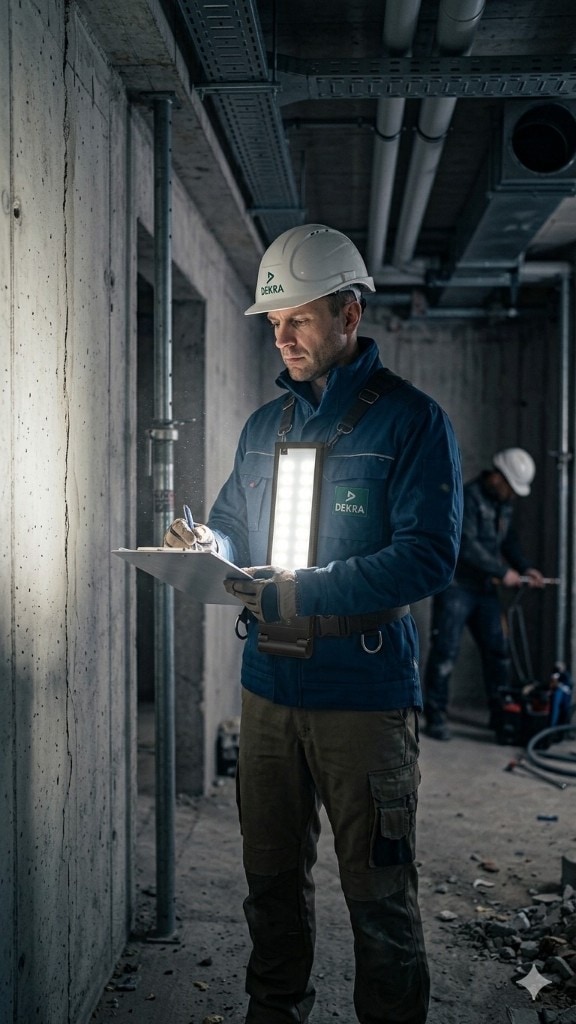 Inspector in a hard hat writing on a clipboard, workspace lit by a wearable chest-mounted LED panel