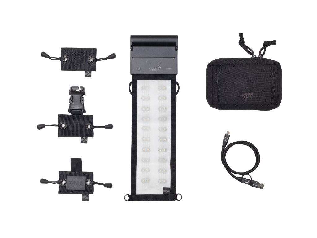 XP FIREFLY kit on white: flexible LED panel, mounting straps, zip pouch, and USB cable