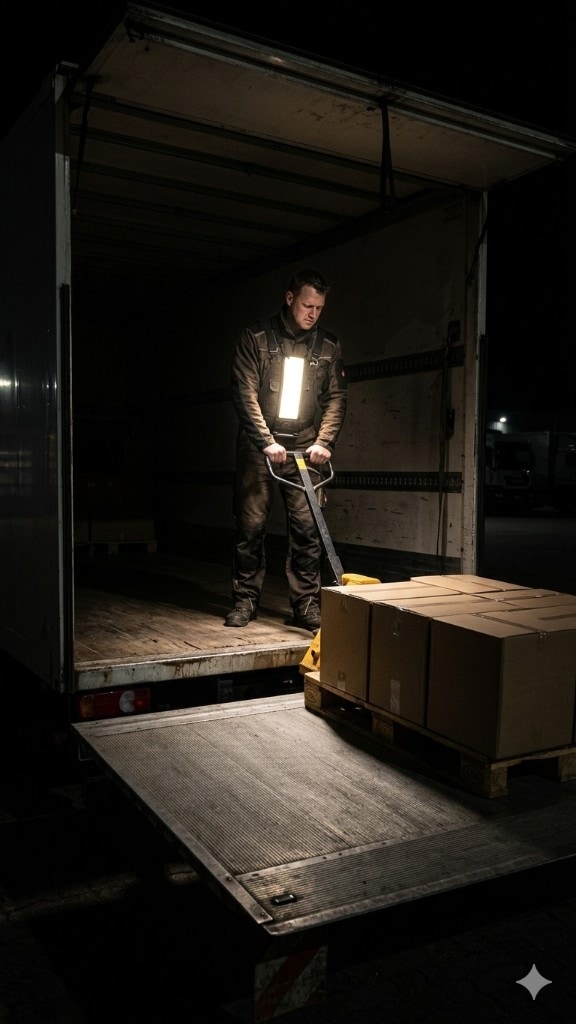 Worker at night in the open rear of a white box truck with liftgate; chest-mounted bright rectangular LED lights pallet jack and stacked boxes on a pallet in the cargo bay