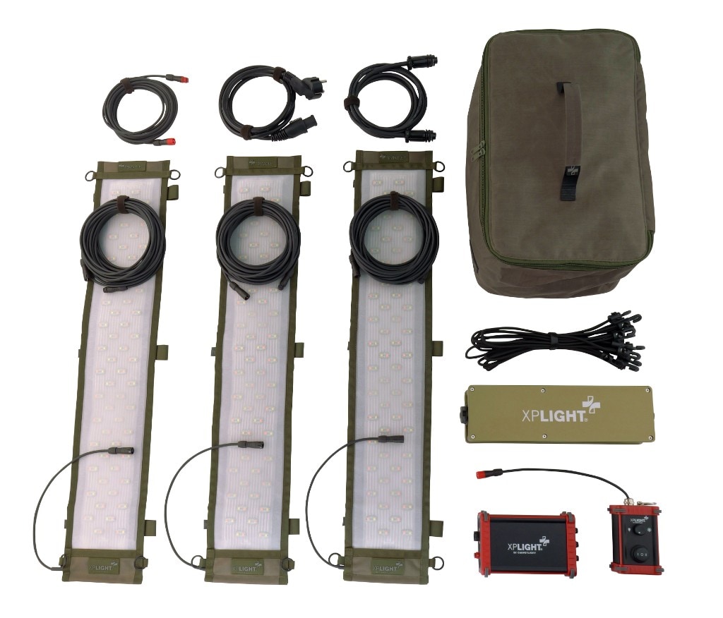 XP TENTACLE complete kit on white: three flexible LED strips, power supply, controllers, cables, bungees, and olive transport case